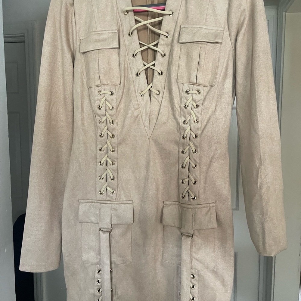 Beige Lace-Up Dress